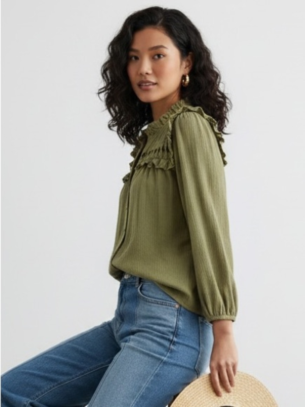 1522 • Olive Cotton Gauze Open Work Yoke Ruffle Trim Lined Blouse - Picture 8 of 8